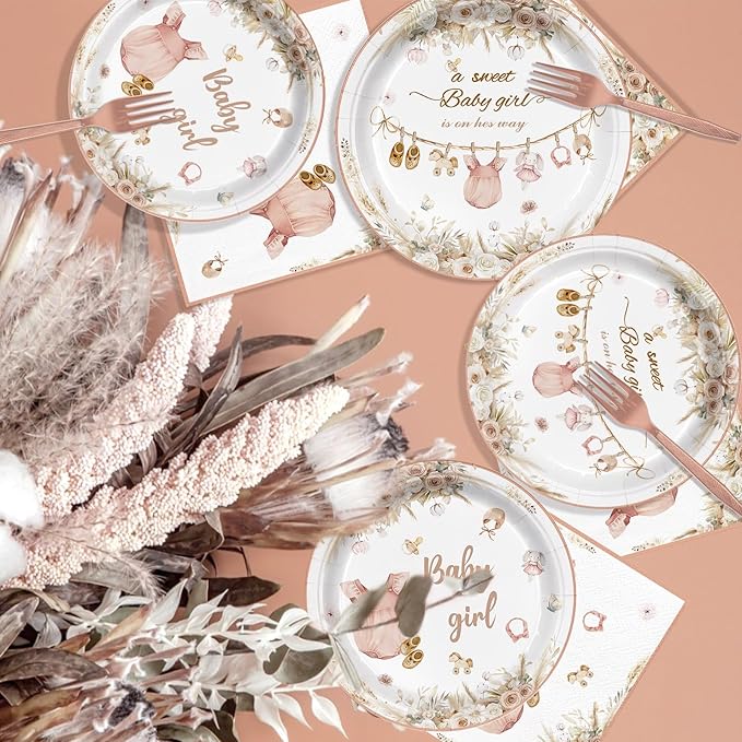 96Pcs Pink Baby Girl Shower Party Decorations A Sweet Girl is on Her Way Party Supllies Boho Bloom Babyshower Gender Reveal Paper Plates and Napkins Floral Tableware Serves 24 Guests