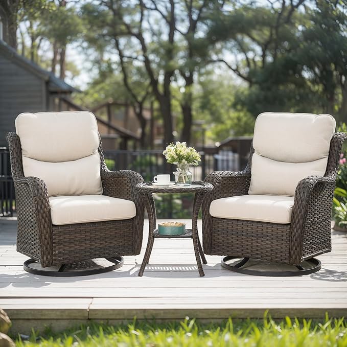 HUMMUH Wicker Patio Furniture High Back Swivel Rocker Patio Chairs Outdoor Bistro Set with Ottomans Side Table for Porch Garden Deck