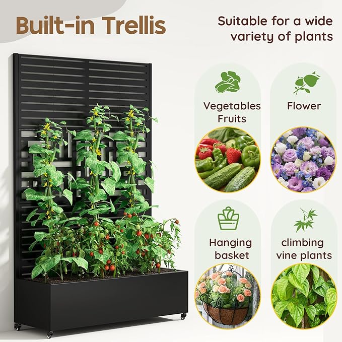 Metal Raised Garden Bed with Trellis & Wheels,70" x 47"x 15.7" Planter Box with Trellis,Privacy Planters for Patio,Garden Bed for Climbing Plants,Suitable for Climbing Plants and Vegetables,Black