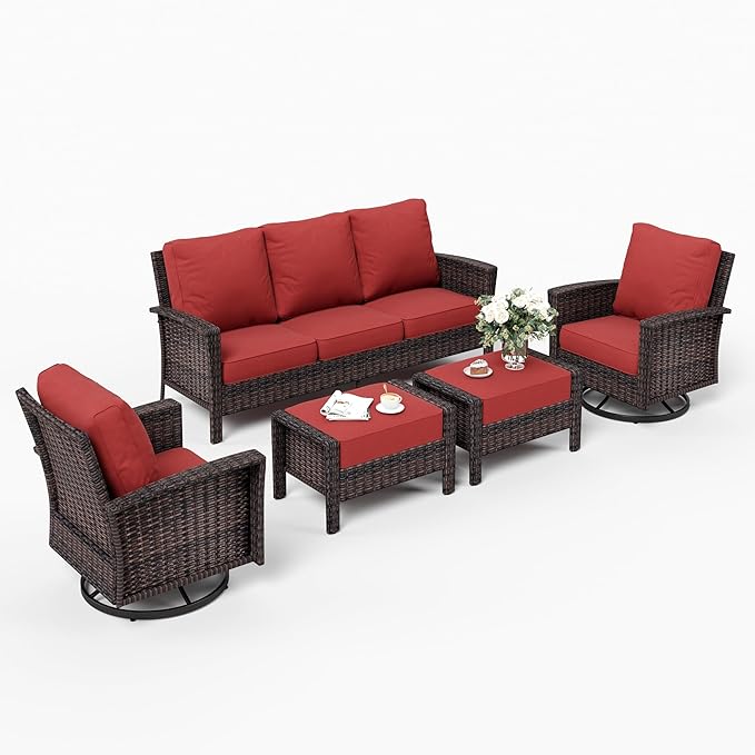 Patio Furniture Set with Swivel Chairs, High Back Wicker Rattan Furniture with 5.5" Thick Cushion and 2 Ottoman, Outdoor Conversation Set for Backyard Deck, Red