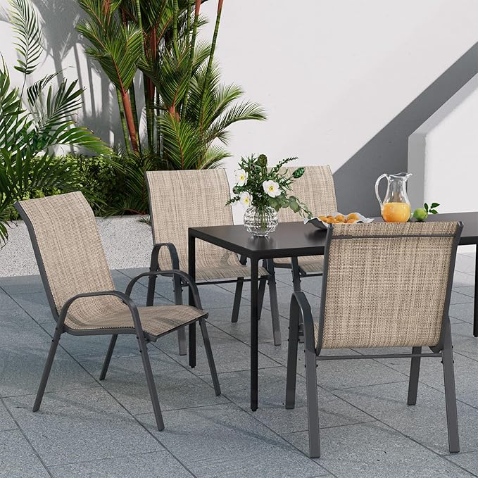 Patio Dining Chairs Set of 2, Outdoor Stackable Dining Chairs High Back, Patio Furniture for Backyard, Porch, Garden, Poolside (Brown)