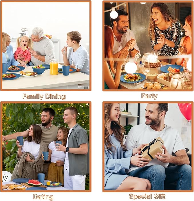 40-Piece Wheat Straw Dinnerware Sets,Unbreakable Dishes Set for 8 - Drinking Cups, Plates and Bowls Sets, Reusable Microwave Safe Dinnerware Set for Home, Outdooor, RVs - Blue