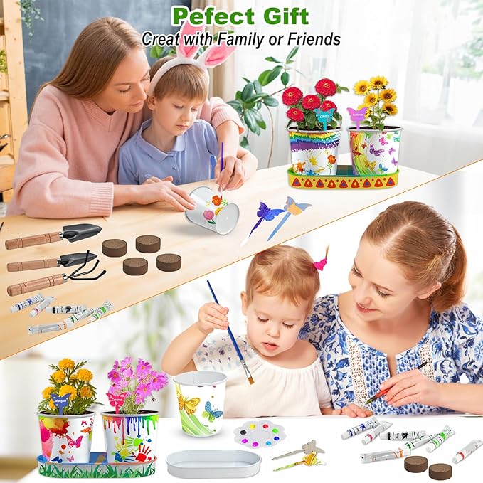 4 Pcs Kids Plant Growing Kit | Kids Gardening Set Crafts for Girls 8-12 | Kid Crafts Ages 4-8, Flower Making Art Kit for Kid 6-9, Plant Growing Set with 4 Zinc Pots, 12 Colors 9ml Paints Girl Gift