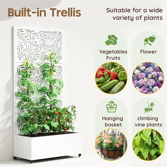 Metal Raised Garden Bed with Trellis & Wheels,70" x 35"x 15.7" Planter Box with Trellis,Privacy Planters for Patio,Garden Bed for Climbing Plants,Suitable for Climbing Plants and Vegetables,White