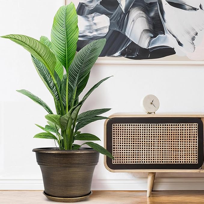 Plant Planters Pots Set of 4 Pack 10 Inch, Plastic Flower Pot for Indoor Plants with Drainage Holes & Trays, Resin Decorative Container Sets with Saucer for House Outdoor Garden Planters Dark Gold