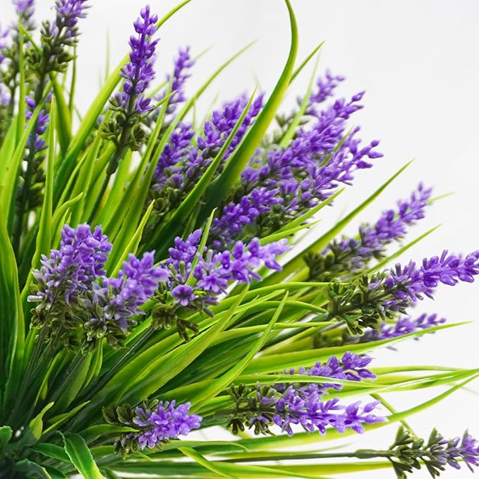 12 Bundles Artificial Plants Outdoor, 18.2" UV Resistant Faux Monkey Grass Greenery Stems No Fade Faux Plastic Flowers Shrubs for Home Weddings Garden Porch Front Patio Office Decor - Purple