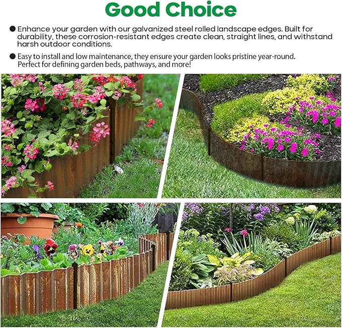 Corrugated Metal Garden Edging,Sturdy Tall Landscape Edging Borders with 6pcs Anchor Stakes, Perfect DIY for Flower Beds, Lawn and Pathway,Tree Surrounds,Paver Edges (Pre-Rusted 8"×20FT)