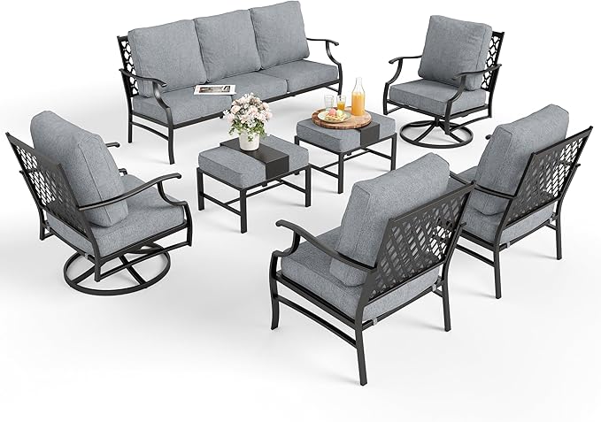 Patio Furniture Set 7 pcs, Outdoor Patio Furniture, 3-Seat Sofa, 2 Single Chairs, 2 Swivel Chairs, 2 Ottomans and 5.75" Extra Thick Cushion, Patio Conversation Set for Backyard Deck,Grey