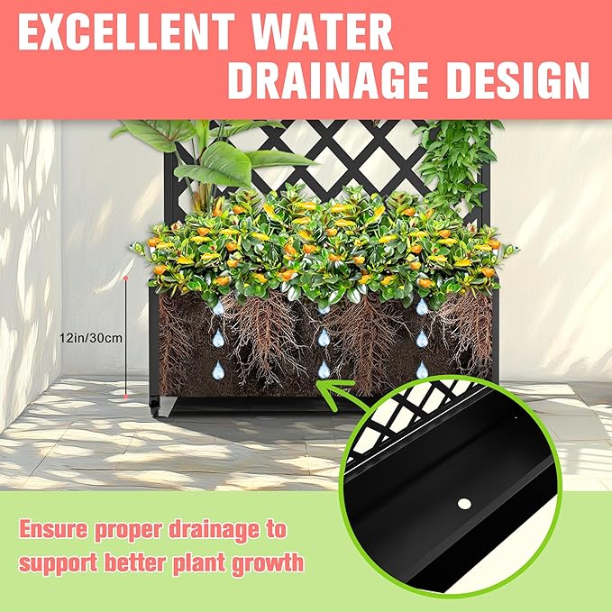 Metal Planter Box with Trellis, Raised Garder Bed with Drainage Hole, Privacy Screen & Trellis for Climbing Plants, Outdoor Plant Stands, 35''L×17''W×73''H, Black