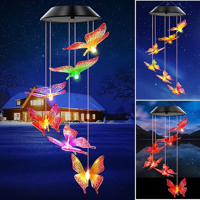 Solar Wind Chimes Outdoor Color Changing Lights, Gift for Women Mom Grandma Sister Best Gifts, Wind Chimes Unique Outdoor Garden Yard Decor (Purple Butterfly)