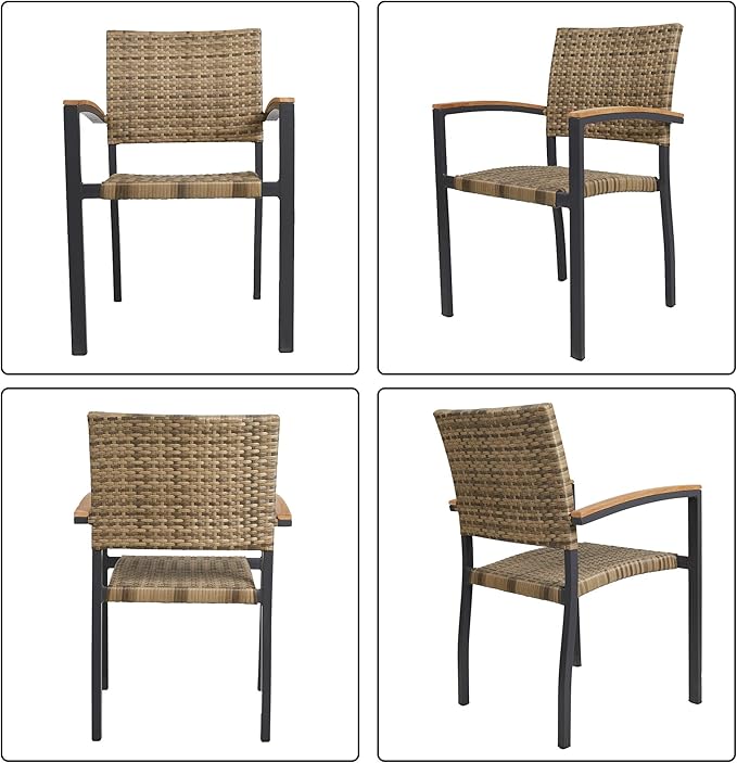 TRY & DO Patio Dining Chairs Set of 4,Outdoor Wicker Stackable Dining Chairs with Wooden Armrest PE Rattan Aluminum Frame Patio Furniture Sets for Garden, Balcony, Lawn and Indoors (Brown)