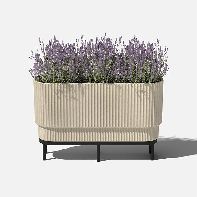 Veradek Demi Series Raised Long Planter for Indoor/Outdoor Use | Made from Plastic & Stone w/Wooden Stand | Modern Patio Décor for Flowers/Shrubs