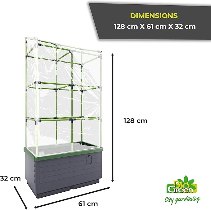 BioGreen Raised Garden Bed with Trellis CITY JUNGLE | 8.98 gal | 13“L x 24“W x 63.4“H | Integrated Irrigation System | Grey Self-Watering Planter Box