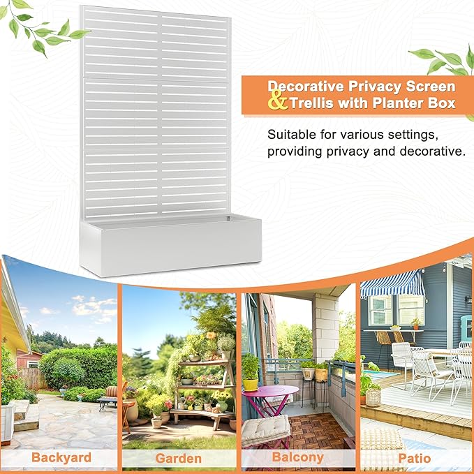 71"x47"x16" Metal Planter Box with Trellis, Raised Garden Bed with Trellis, Trellis with Planter Box & Privacy Screen for Climbing Plants, Vegetable, Vines(White, Louvered)