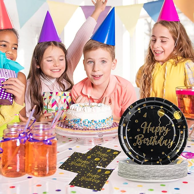 75PCS Happy Birthday Paper Plates - 7 Inch Black Gold Dot Paper Plates and 6.5 Inch Napkins with 6.3 Inch Gold Forks Disposable Tableware Set for Birthday Party Decorations, Serves 25