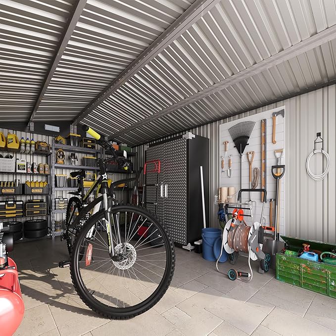 8x12FT Outdoor Storage Shed, Metal Garden Shed with Lockable Double Doors & Sloping Roof, Weather-Resistant Tool Shed for Backyard, Patio, Poolside Brown