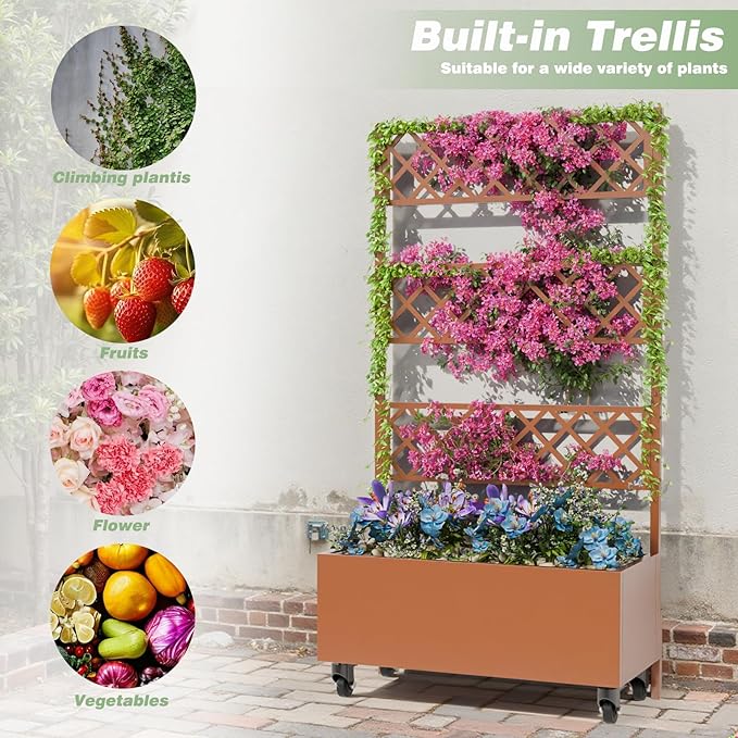 Kinchox Metal Raised Garden Bed with Trellis Outdoor Metal Planter Box with Planting Pockets Garden Box for Climbing Plants Privacy Planters for Patio