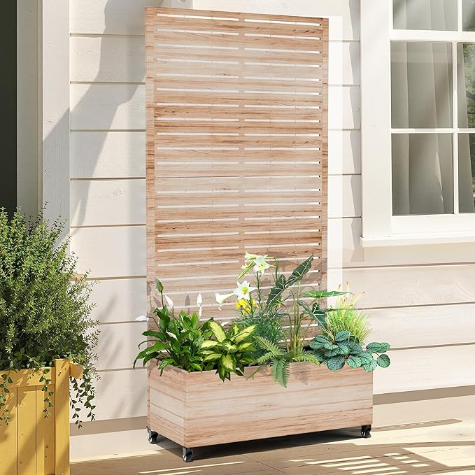 Raised Garden Bed with Trellis and Wheels,73"x35"x16" Metal Raised Garden Bed,Acacia Finish Metal Planter with Climbing Trellis for Vines & Vegetables