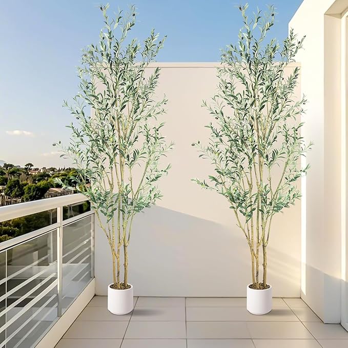 Artificial Fake Olive Tree 8FT Tall 2Pack with White Planter Faux Silk Olive Tree for Home Living Room Office Decor Faux Artificial Plants Indoor with Fruit & Free Moss