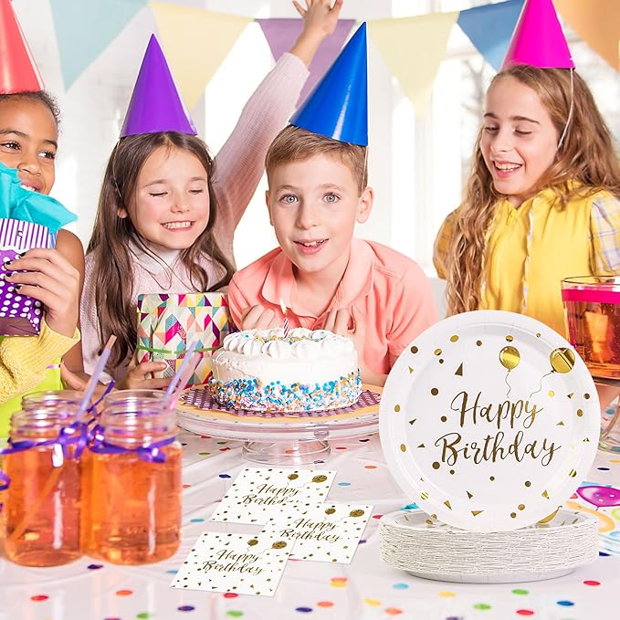 150PCS Happy Birthday Paper Plates and Napkins - 7 Inch White Gold Dot Paper Plates and 6.5 Inch Napkins with 6.3 Inch Gold Forks Disposable Tableware Set for Birthday Party Decorations, Serves 50