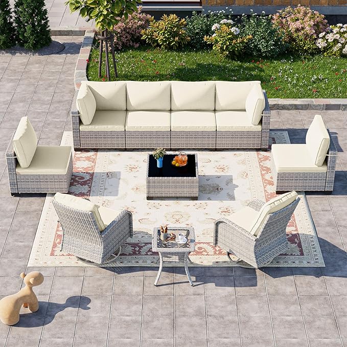 10-Piece Patio Furniture Set, Outdoor Patio Furniture with Swivel Chairs Set, Thick Cushions, Modular Patio Sofa, Dual-Strand Wicker Rattan, Rust-Resistant Frame, Ivory
