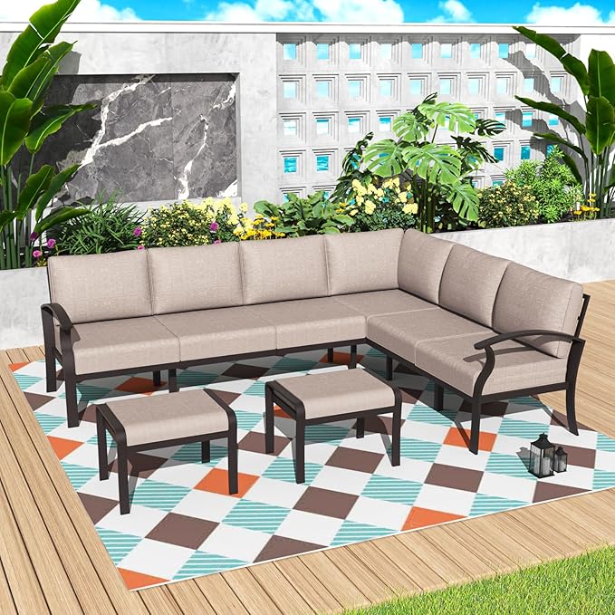 Kurapika Patio Furniture Set 8-Piece Aluminum Sectional Sofa with Armrest, Modern Outdoor Conversation Set, Metal Corner Sofa with Ottoman, Sand