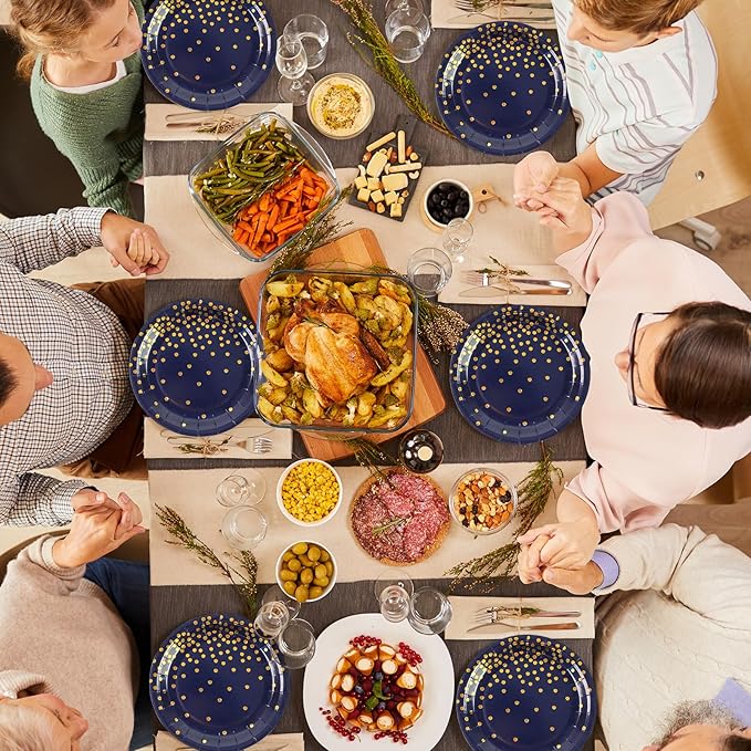 75PCS Paper Plates and Napkins Set - Dark Blue and Gold Dot Disposable Party Dinnerware Includes Paper Plates, Napkins, Forks Decorations for Birthdays, Graduations, Weddings and Holidays, Serves 25