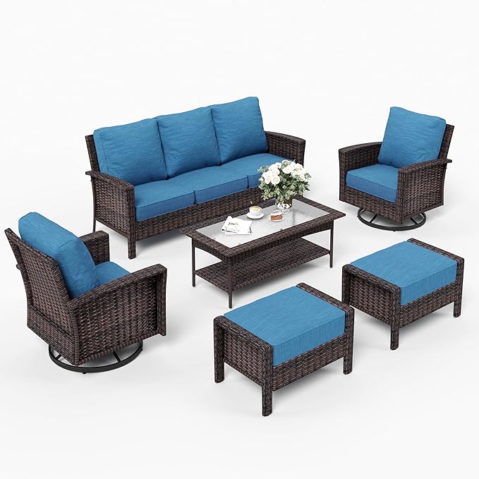 6 Piece Patio Furniture Set with Swivel Chairs, High Back Wicker Rattan Sofa with Extra Thick Cushion, Coffee Table and Ottoman, Outdoor Conversation Set for Backyard Deck, Blue
