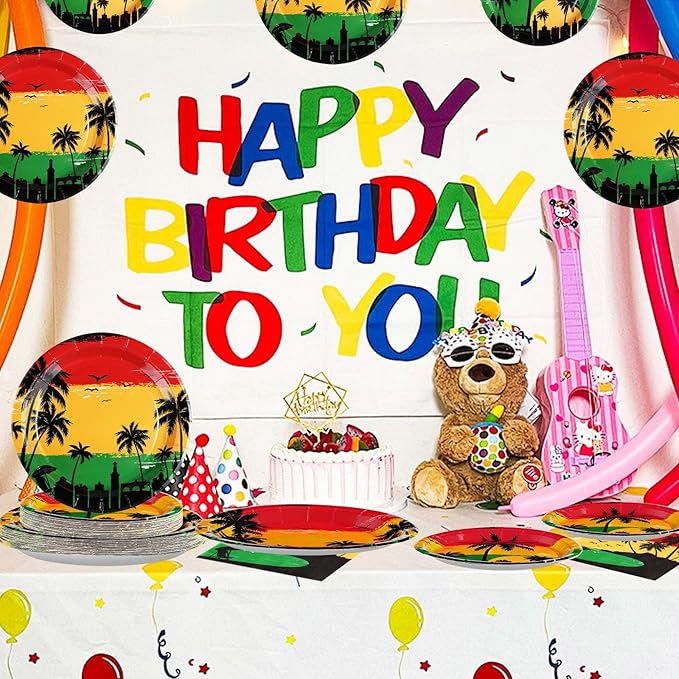 96Pcs Reggae Birthday Party Supplies Jamaican Rastafari Palm Tree Plates and Napkins Tableware Summer Music Jamaican Party Decoration for Grafitti Jamaica Festival Hawaiian Party Favors, Serves 24