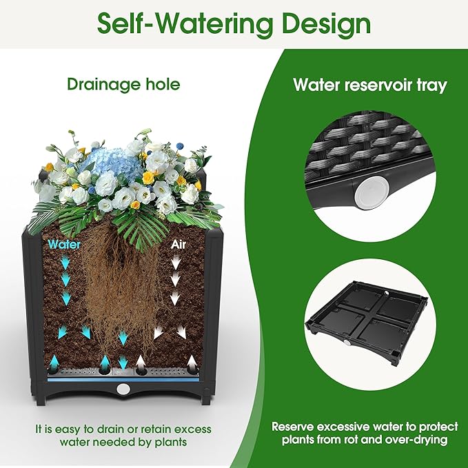 Onelike 16'' x 16'' x 55.5'' Plastic Raised Garden Bed with Greenhouse Cover and Trellis, Vertical Tomato Planters for Climbing Plants, Self Watering System Tomatoes Cage for Patio,Black,Small