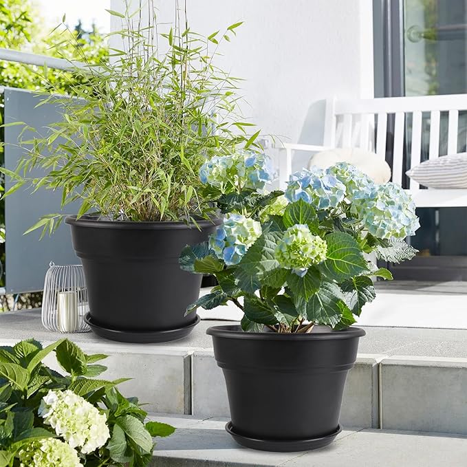 6-inch-Plant-Pots-Indoor-Outdoor, 6 Pack Plastic Planters with Drainage Holes & Saucers, Resin Flower Pots with Trays, Classic Garden Pot Container for House