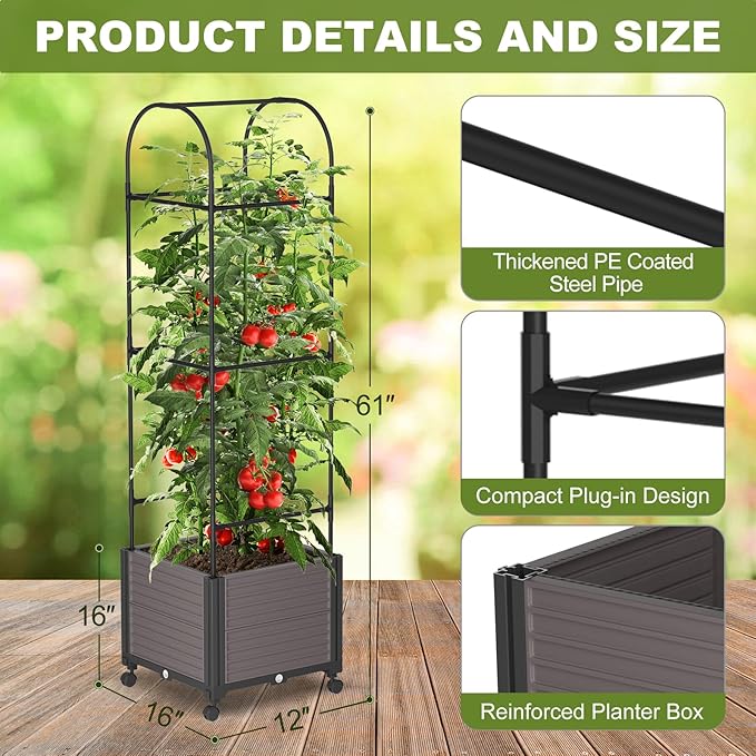 Raised Garden Bed Planter Box with Trellis, 61'' Tomato Planters for Climbing Plants Vegetable Vine Flowers Outdoor Patio Tomato Cage, Self Watering Planter with Wheels