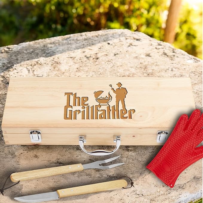 11-Piece BBQ Grilling Set with Engraved Maple Wood Box Gift for Dad Men Stainless Steel Tools with Wooden Handles The Grillfather - Christmas