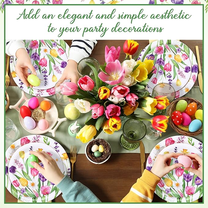 Mumufy 100 Pack Wild Floral Paper Plates Flower Dinner Decoration 9" & 7" Disposable Watercolor Dessert Plates for Wedding Birthday Baby Shower Bridal Tea Party Supplies(Tulip Flowers)