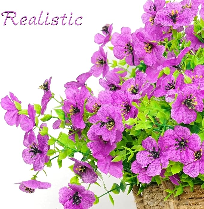 Artificial Flowers for Outdoors, 12 Bundles Outdoor Faux Plants,Uv Resistant Artificial Fake Flowers Plants, Realistic Spring Decor for Porch, Patio, Yard (DoublePurple)