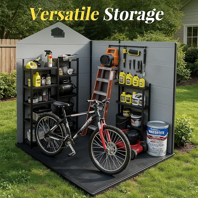 8x4ft Resin Outdoor Storage Shed with Floor and 2 Windows, Plastic Sheds & Outdoor Storage Clearance for Patio Furniture,GardenTools, Bike Accessories and Lawn Mower, Black+Grey