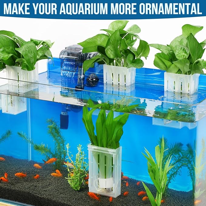 Upgraded Large Aquarium Plant Holder with Hooks and Suction Cups for Fish Tank Aquaponic Plant Cultivation and Aquascape Decorations (Semitransparent)