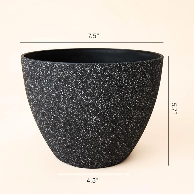 LA JOLIE MUSE Flower Pots Outdoor Garden Planters, Indoor Plant Pots with Drainage Holes, Plastic, Speckled Black, Set 2 (7.5 + 7.5 Inch)