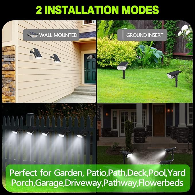 Solar Spot Lights Outdoor 1000 Lumens, 64 LEDs IP67 Waterproof Landscape Lighting with 4 Modes - 2-in-1 Solar Spotlight & Pathway Light for Garden, Yard, Patio Decor, 4 Pack