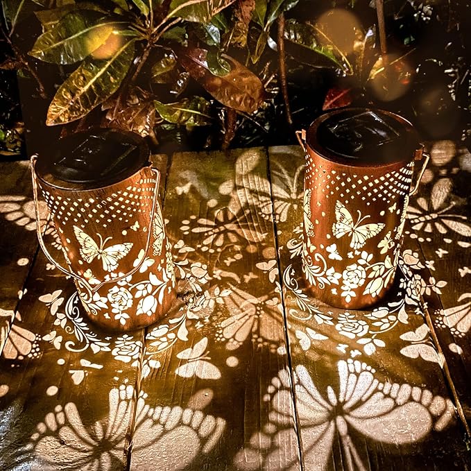 2 Pack Butterfly Birthday Gifts for Women Mom Grandma Solar Lanterns Outdoor Waterproof Garden Decor Metal Hanging LED Decorative Light for Patio Yard Lawn Backyard Front Porch Gardening Gifts
