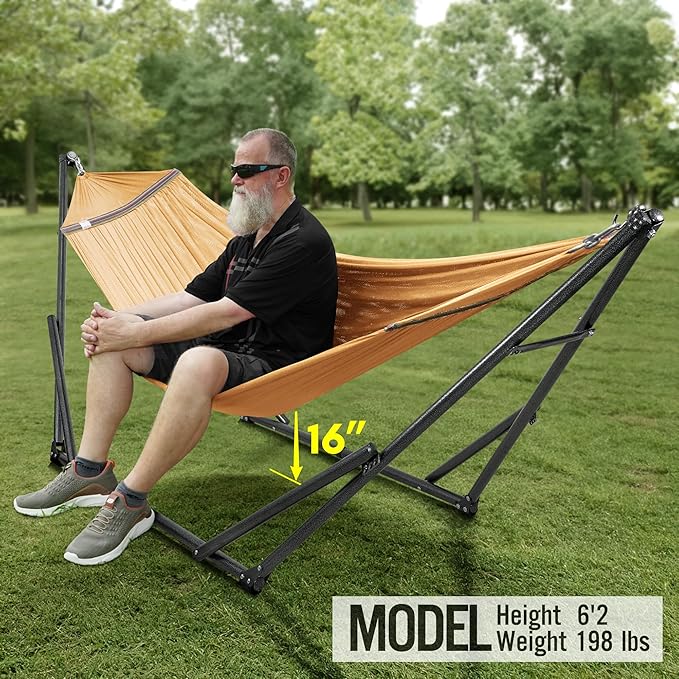Tranquillo Universal Double Hammock with Stand Included for 2 Persons/Foldable Hammock Stand 600 lbs Capacity Portable Case - Inhouse, Outdoor, Camping, Yellow