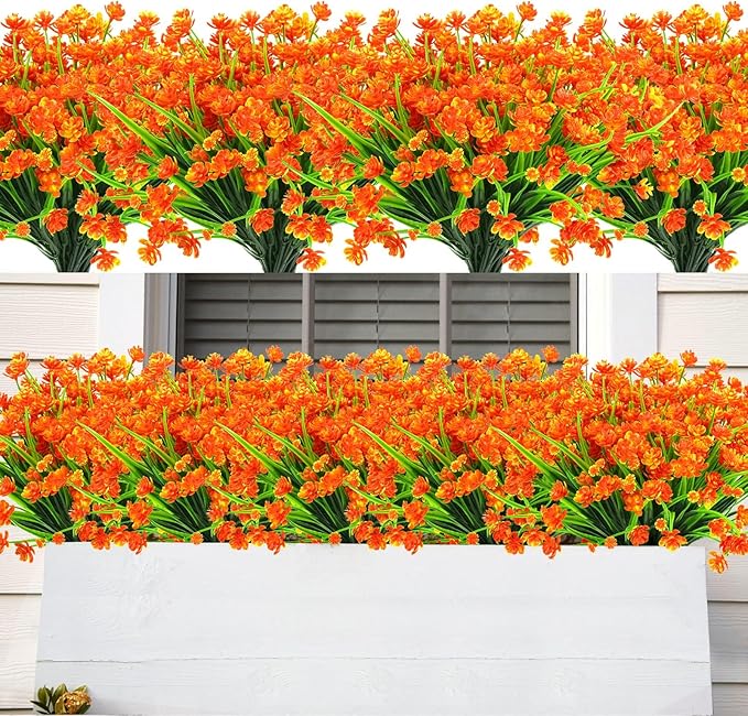 AmyHomie 20 Bundles Artificial Fall Flowers for Outdoor UV Resistant Faux Flowers No Fade Fake Plastic Plants Wildflowers Spring Flowers Garden Porch Window Box Decorating Fall Decor (Orange)