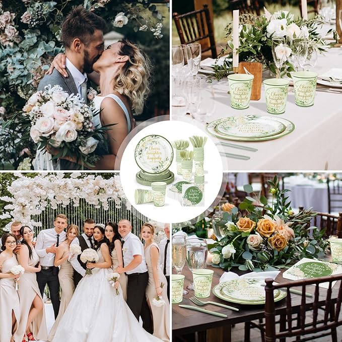 350 Pcs Eucalyptus Leaves Bridal Shower Paper Plates Napkins Cups Disposable Sage Green Tableware Set With Knives Forks Cheers to Love Party Favors for 50 Guest Wedding Engagement Decor