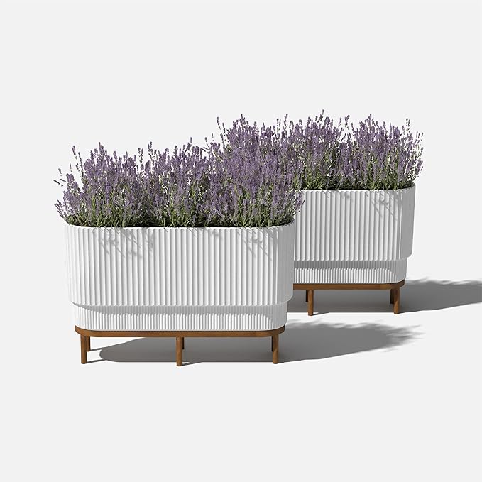 Veradek Demi Series Raised Long Planter for Indoor/Outdoor Use | Made from Plastic & Stone w/Wooden Stand | Modern Patio Décor for Flowers/Shrubs