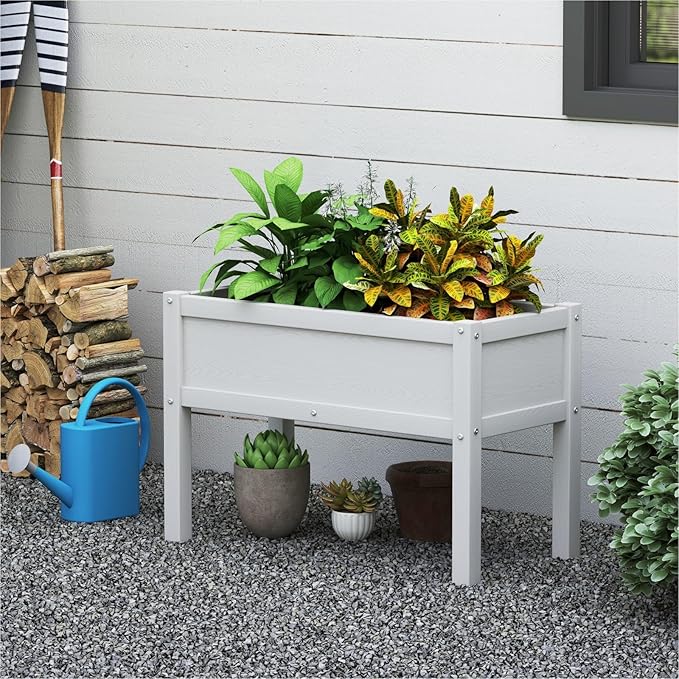 Small HDPE Raised Garden Bed, Elevated Planter Box with Legs, Outdoor All-Weather Planter Raised Beds for Seeds, Herb, Flower, Vegetable (White)