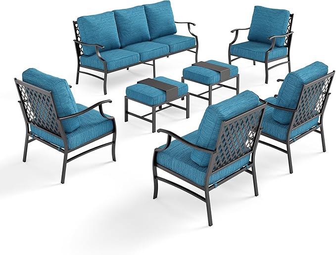 7 Piece Metal Outdoor Patio Furniture Set, Patio Conversation Sets 3-seater Sofa, 4 Fixed Chair, 2 Ottomans with 5.75" Thick Cushion, Black All-weather Frame Backyard Furniture, Blue-2