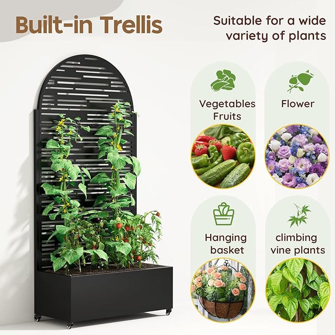 Metal Raised Garden Bed with Trellis & Wheels,70" x 35"x 15.7" Planter Box with Trellis,Privacy Planters for Patio,Garden Bed for Climbing Plants,Suitable for Climbing Plants and Vegetables,Black
