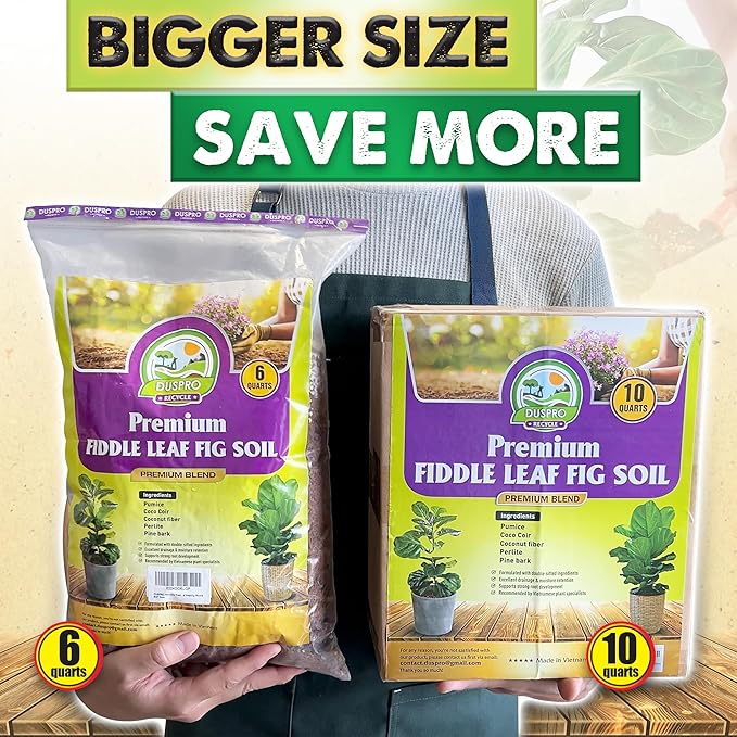 DUSPRO Recycle Fiddle Leaf Fig Soil Specialized for Fiddle Leaf Fig Plant Indoor 5-in-1 Pre-Mixed with Coco Coir, Coconut Fiber, Perlite, Pumice, Pine Bark Ready-to-Use Handmade Mix Drainage 6 QRT