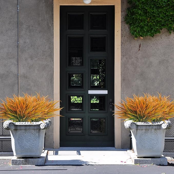 Uieke 12 Bundles Artificial Outdoor Plants UV Resistant Fake Grass Plants Faux Plastic Plants Greenery Shrubs for Home Garden Pathway Window Box Front Porch Cemetery Fall Decor, Autumn Orange