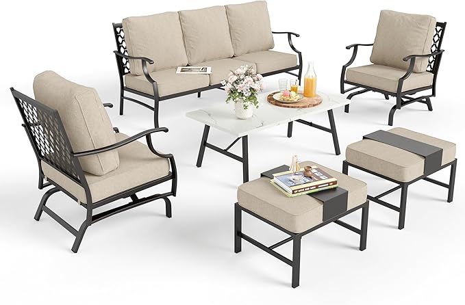 Patio Furniture Set 6 pcs, Outdoor Patio Furniture, 3-Seat Sofa, 2 Rocking Chairs, 2 Ottomans, Coffee Table and 5.75" Extra Thick Cushion, Patio Conversation Set for Backyard Deck,Beige